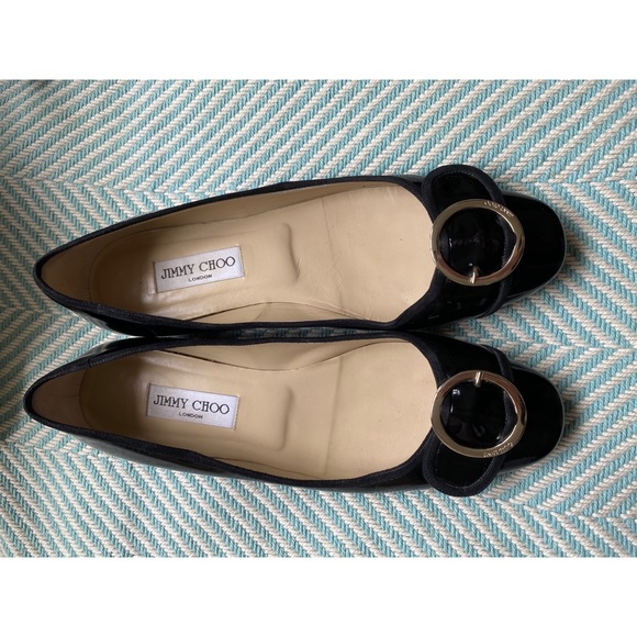 JIMMY CHOO Black Patent Leather Gold Buckle Flats - Picture 1 of 16